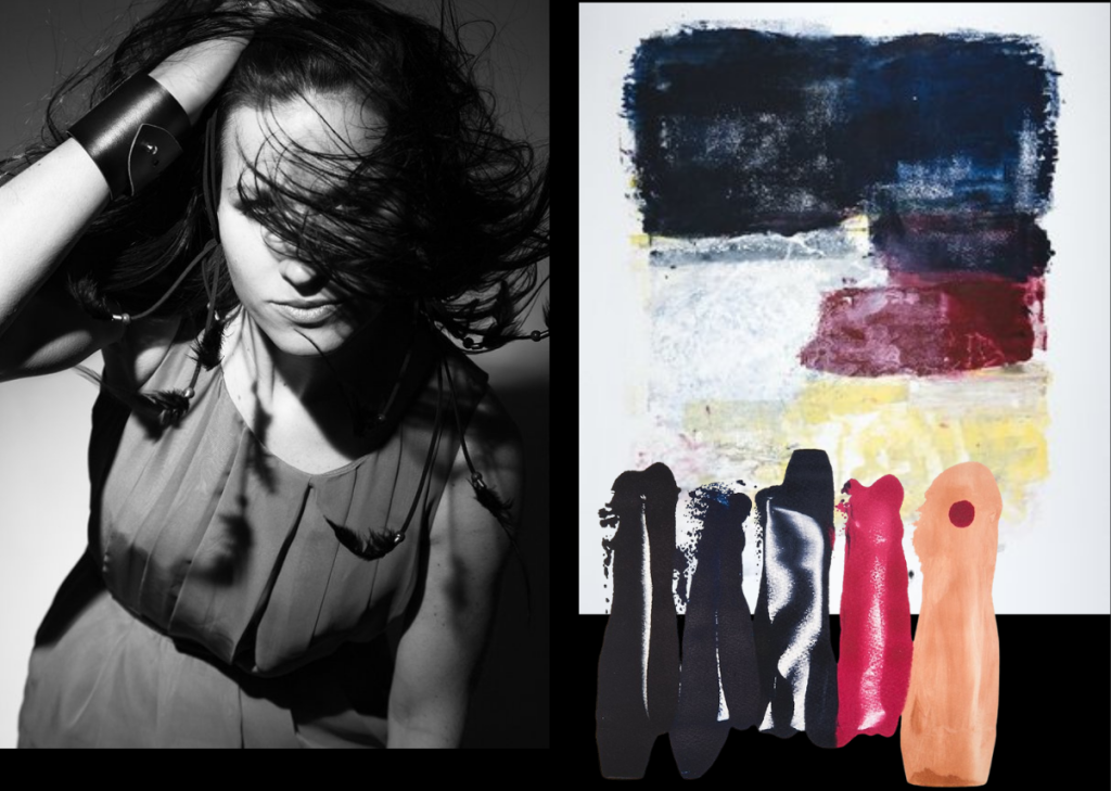 Black and White photo of a woman and artwork by Adrian Scoffield