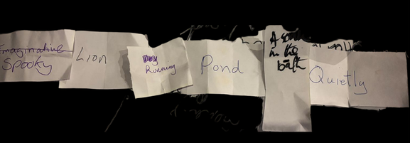 Pieces of paper with random words written on them placed in a line