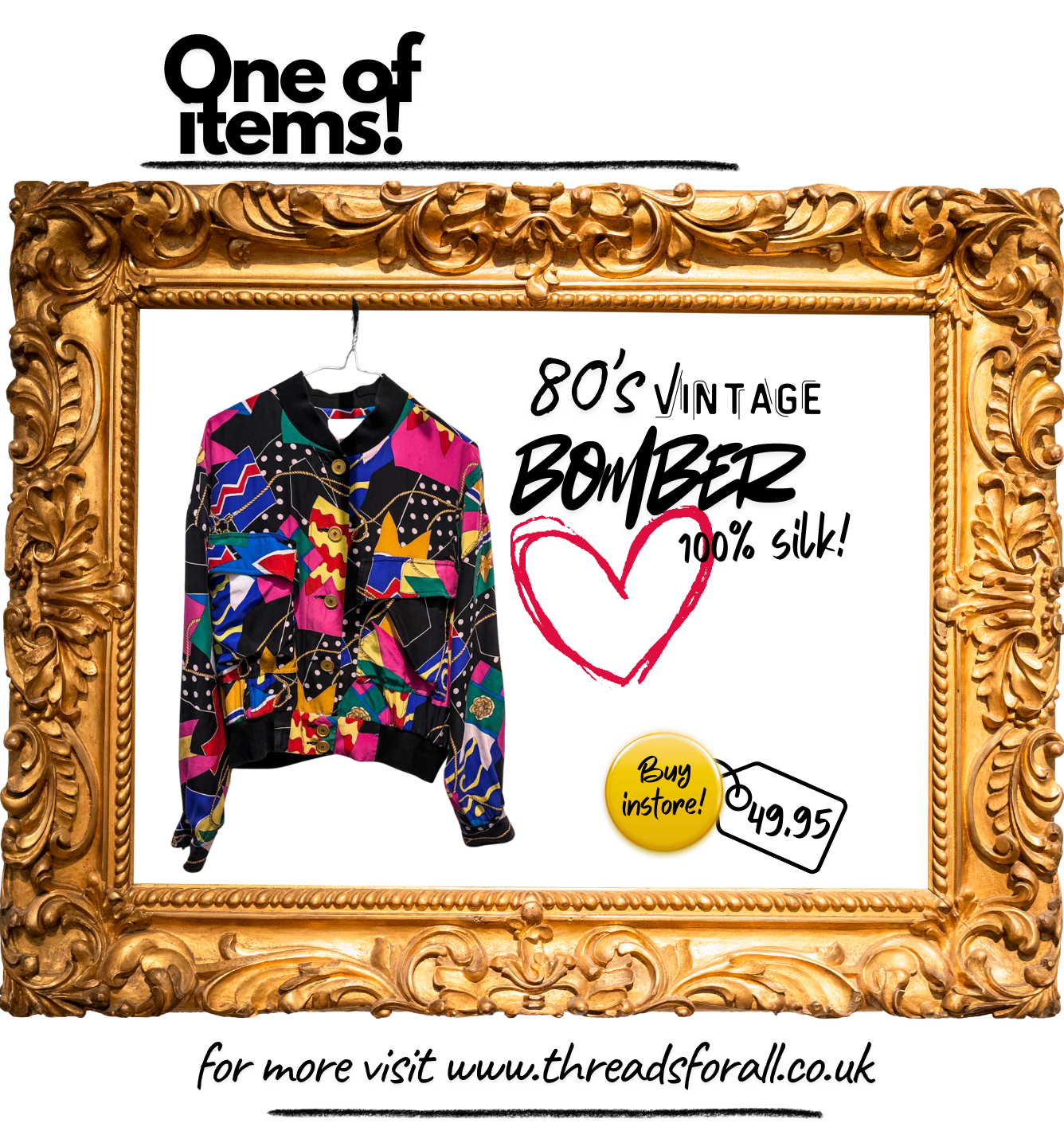 One of Items! 80's vintage bomber 100% silk Buy instore! £49.95 for more visit www.threadsforall.co.uk