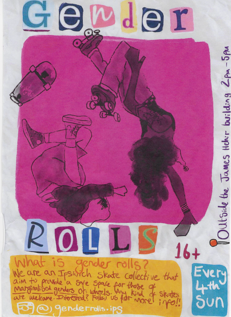 Gender Rolls 16+ Every 4th Sun Outside the James Hehier Building 2pm - 5pm What is Gender rolls? We are an Ipswich skate collective that aim to provide a safe space for those of marginalised genders on wheels. Any kind of skates are welcome. Interested? Follow us for more info!! Instagram @generrolls.ips