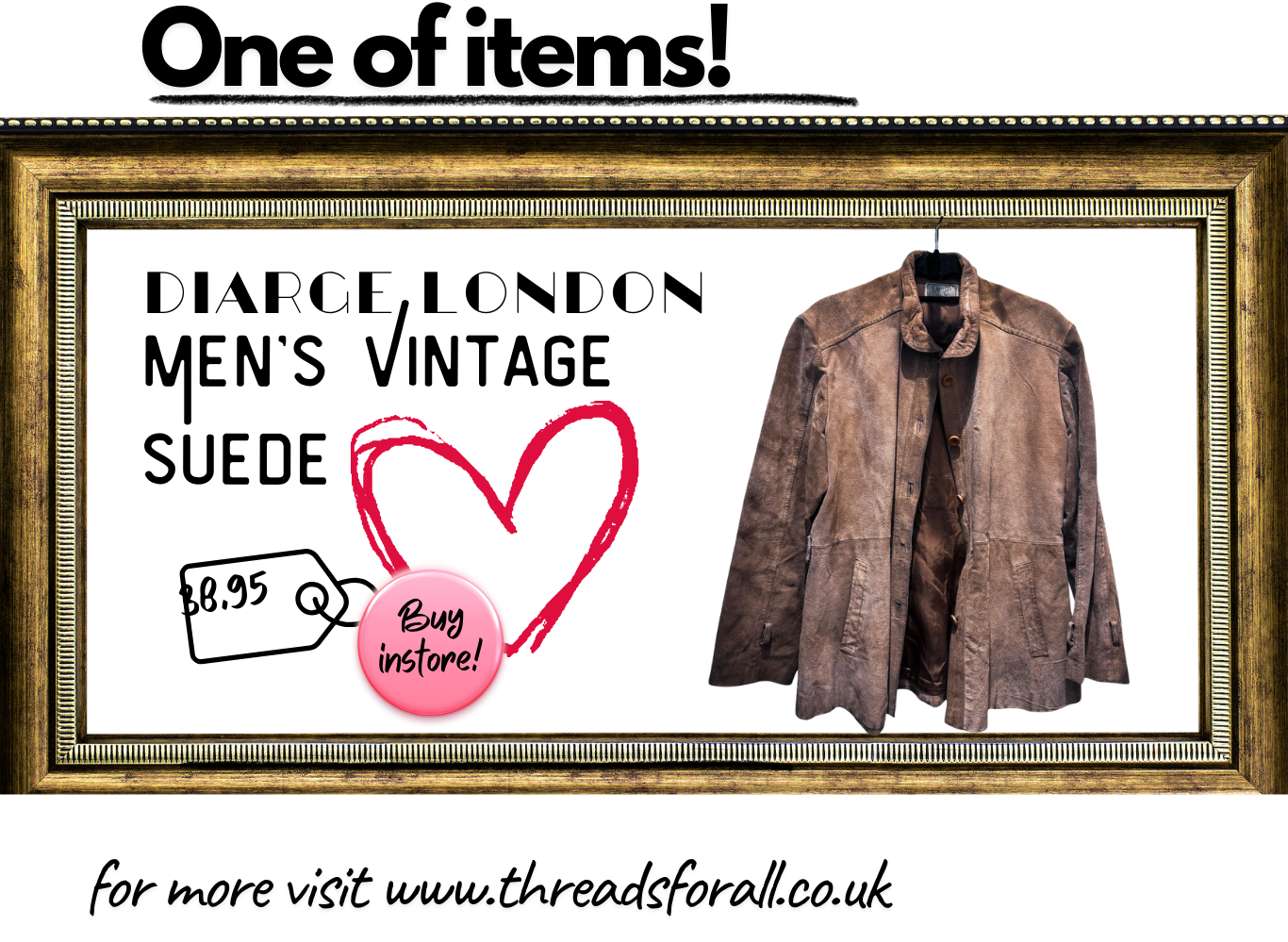 One of items! Diarge London Men's vintage suede jacket buy instore! £38.95 For more visit www.threadsforall.co.uk