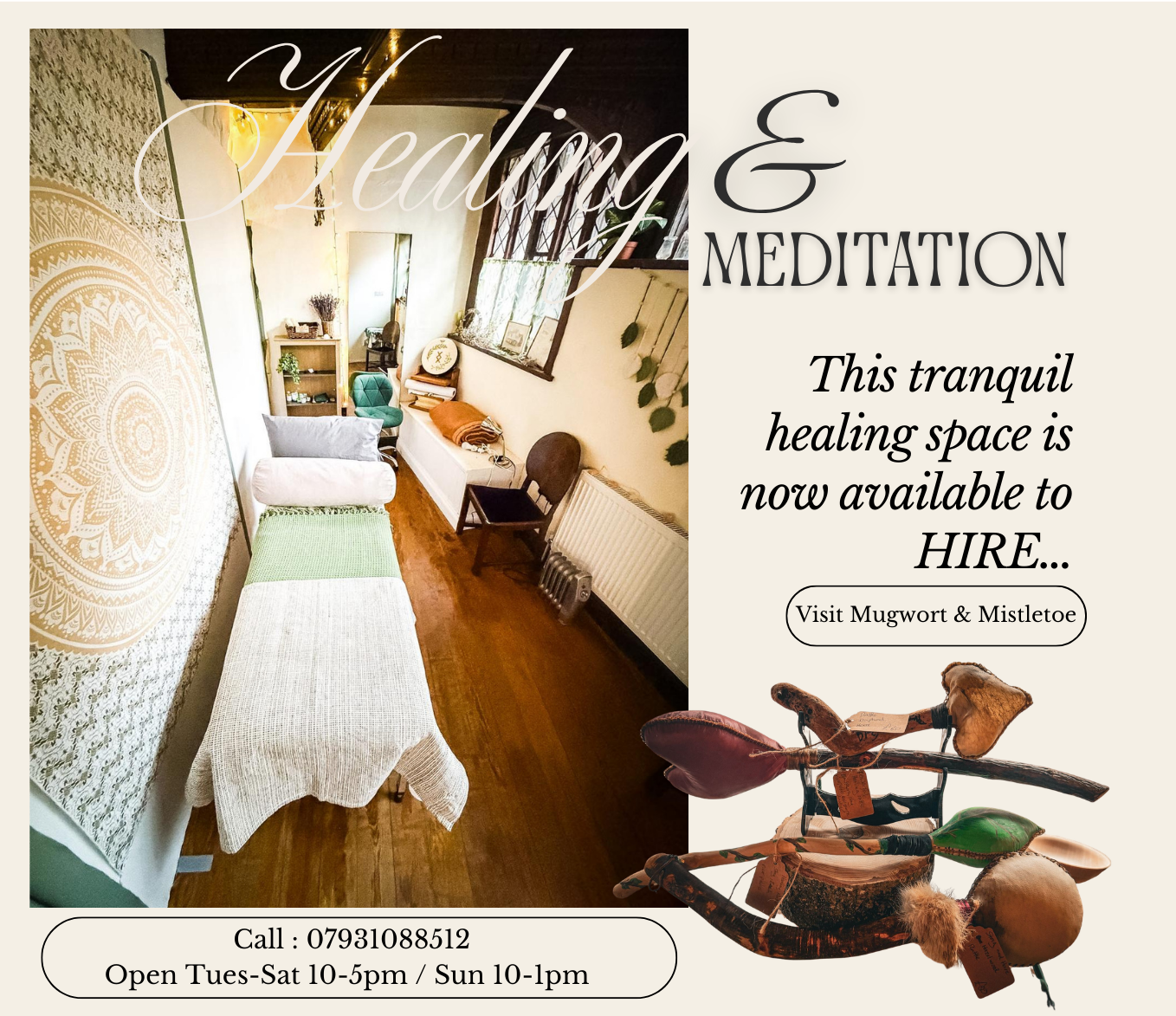 Healing & Meditation. This tranquil healing space is now available to hire... Vist Mugwort & Mistletoe. Call 07931088512. Open Tues-Sat 10-5pm / Sun 10-1pm